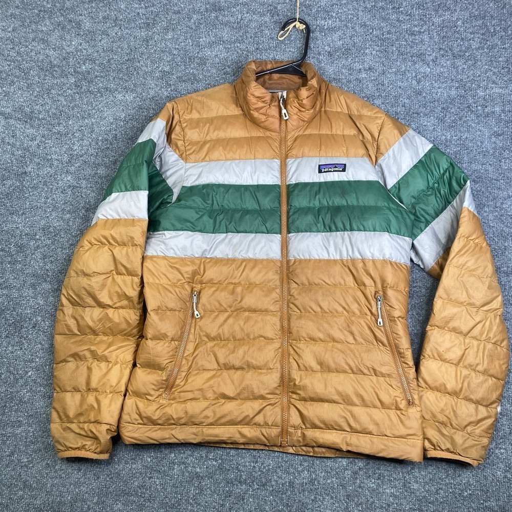 Patagonia Mens Down Sweater Jacket Small Tan Green Grey Puffer Full Zip 84674